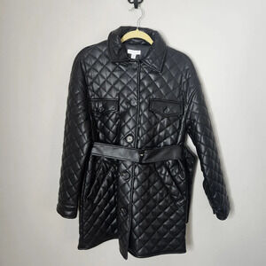 New Topshop Quinn Black Faux Leather Quilted Belted Jacket 6